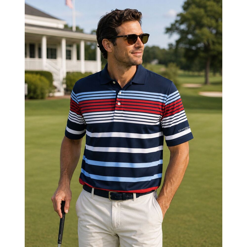 Chaps Golf Performance Polo Shirt Navy Stripe Mens Large Moisture Wicking